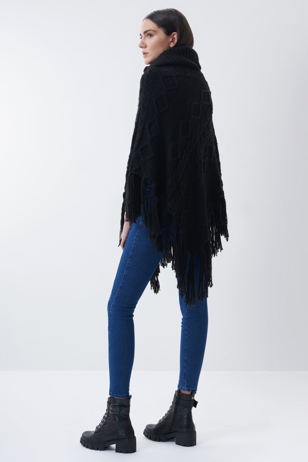 High neck knitted poncho, fringed - Salsa