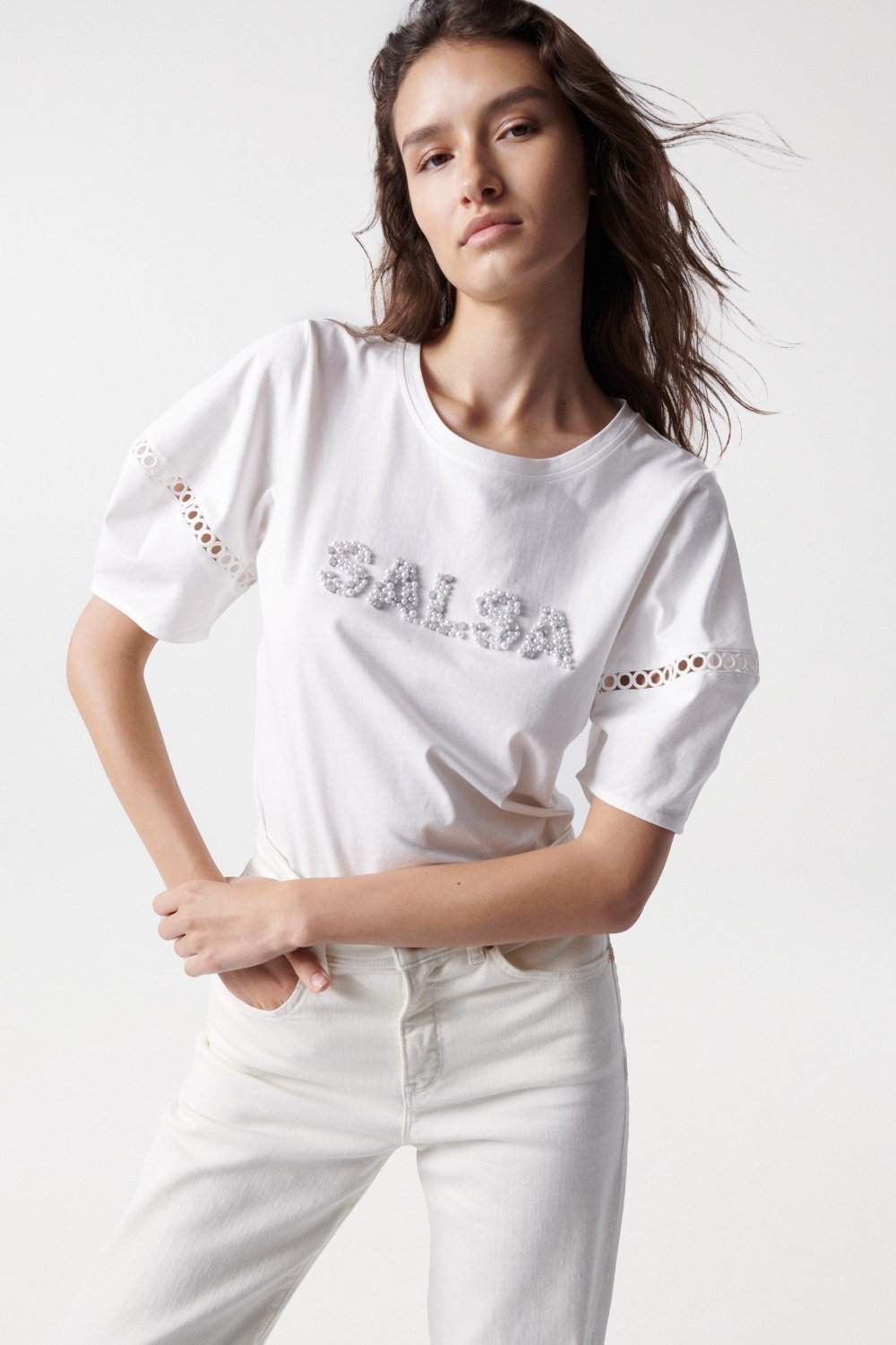 T-Shirt mit Markenaufdruck aus aufgesetzten Perlen - Salsa