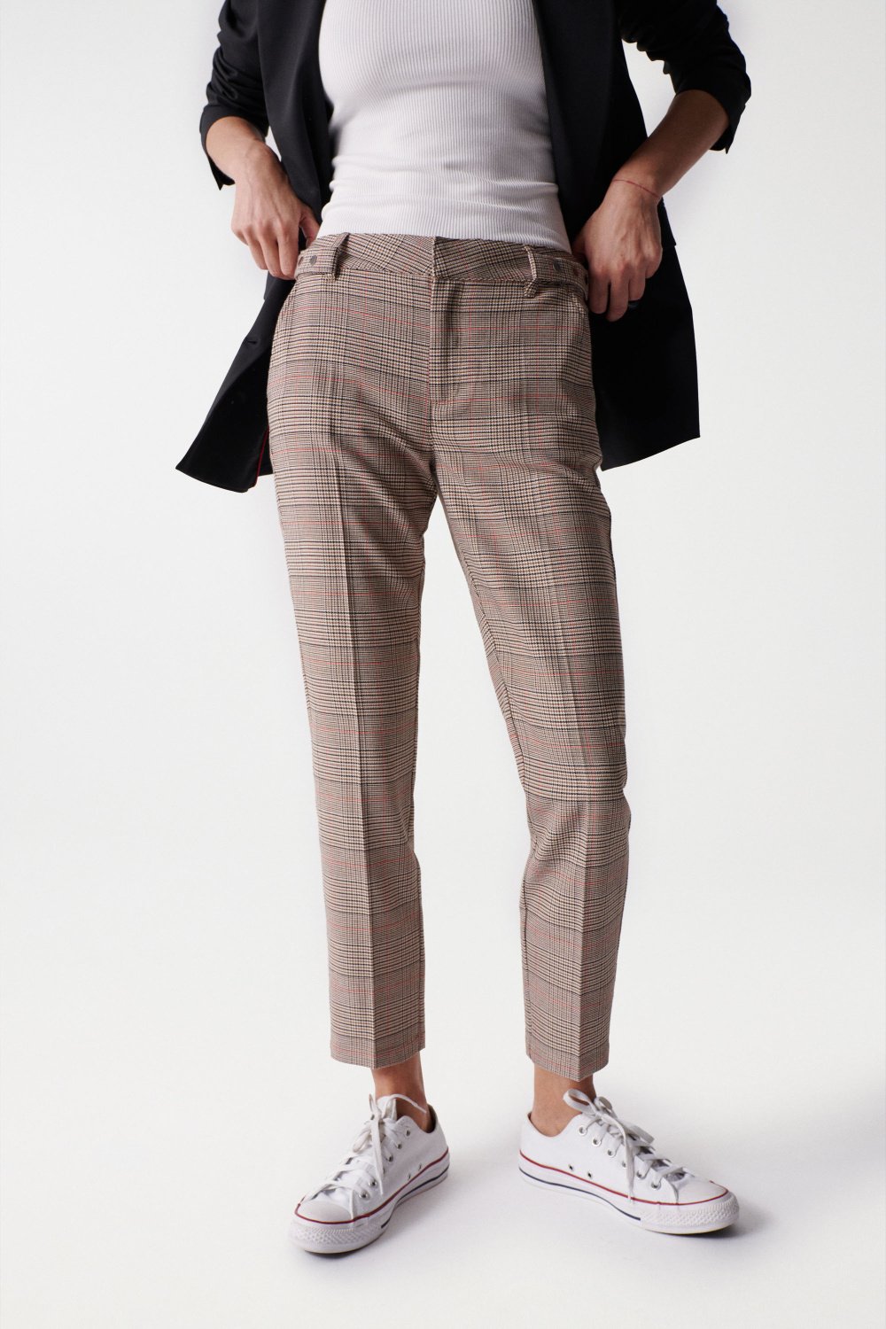 CROPPED SLIM CHINOS WITH CHECK PATTERN - Salsa