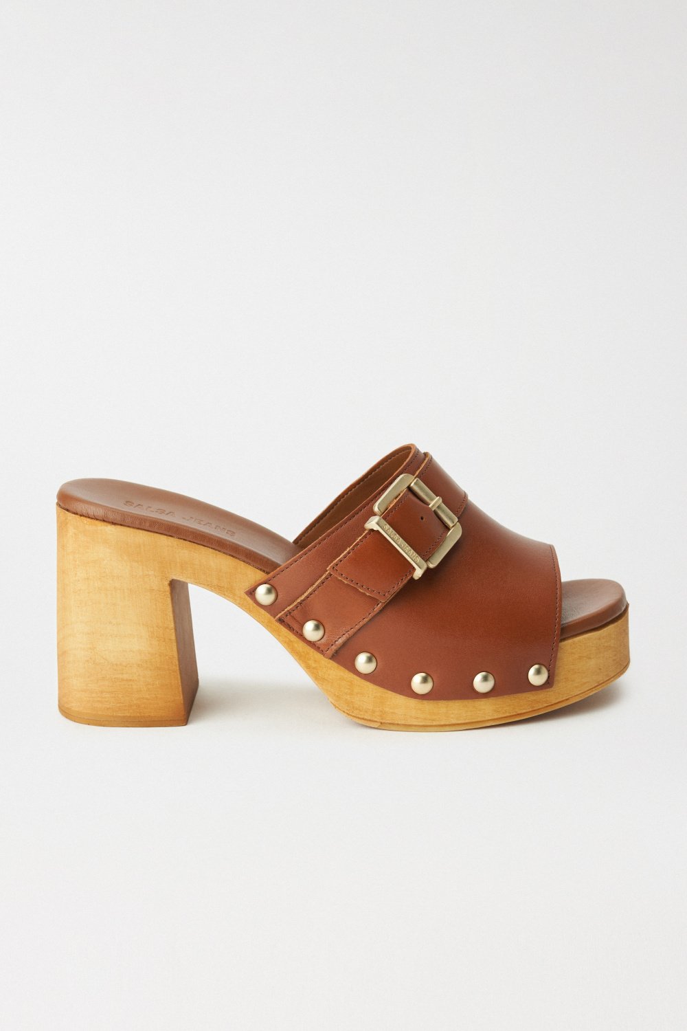 LEATHER CLOG SANDALS WITH BUCKLE AND GOLD APPLIQUS - Salsa