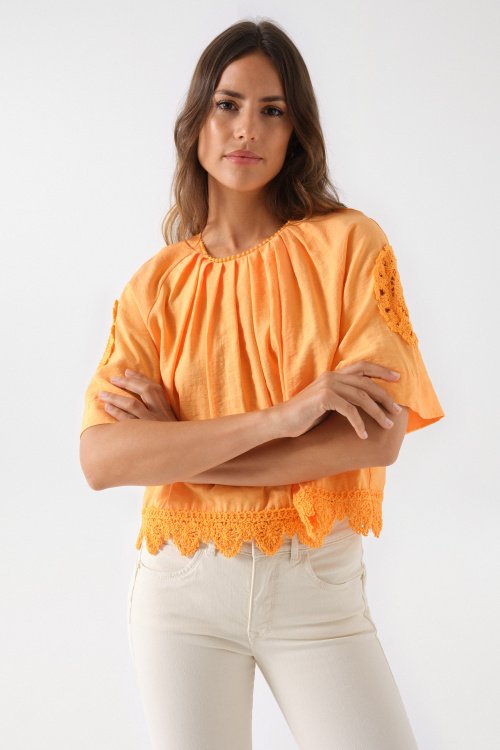 SMOCK TOP WITH EMBROIDERED DETAILS