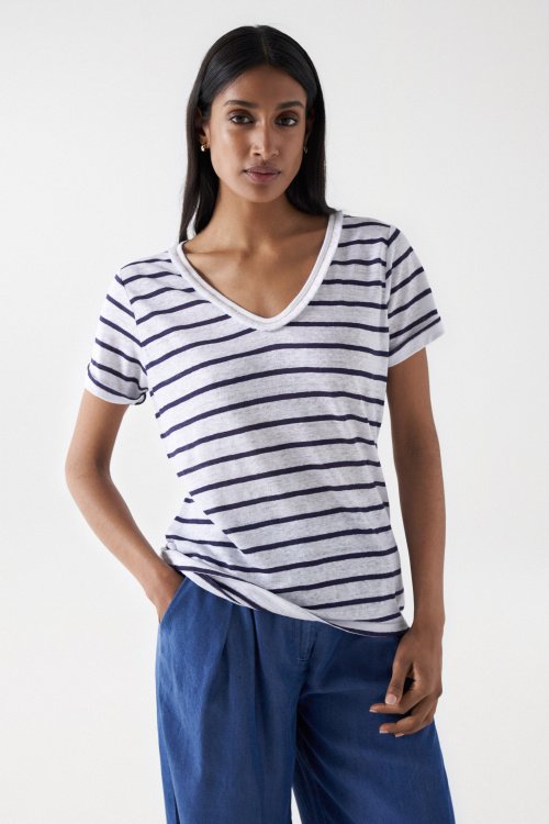 STRIPED LINEN T-SHIRT WITH GLITTER DETAIL AND FRINGES