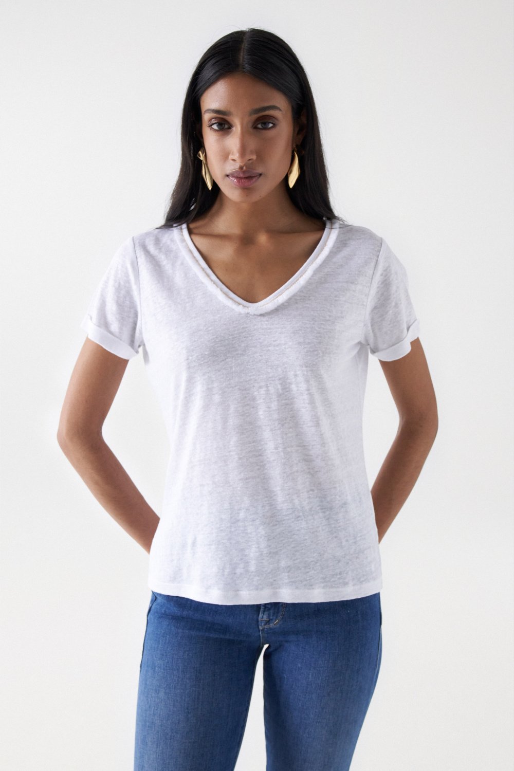 LINEN T-SHIRT WITH GLITTER DETAIL AND FRINGES - Salsa