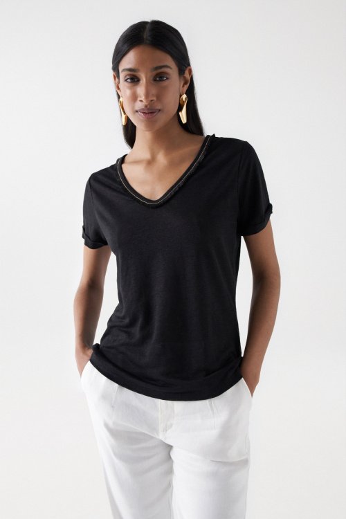 LINEN T-SHIRT WITH GLITTER DETAIL AND FRINGES