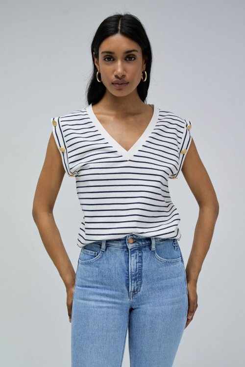 STRIPED T-SHIRT WITH BUTTON DETAILS