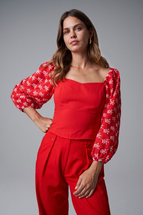 BLOUSE WITH ENGLISH EMBROIDERED SLEEVES
